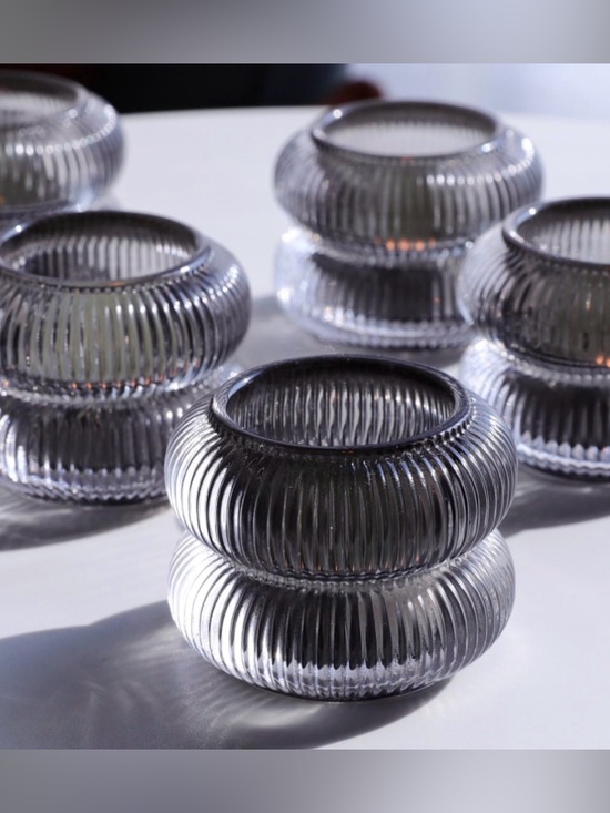 woho Other - Smoke Gray Ribbed Glass Votive Candle Holders Set of 6 Vintage Style Decor